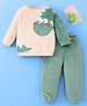 Mark & Mia Full Sleeves Winter Wear Night Suit With Dino Patch & Applique - Peach & Olive Green