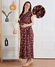 Bella Mama 100% Cotton Half Sleeves Floral Printed Concealed Zipper Nursing Nighty - Brown