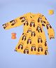 Be Awara Cotton Knit Full Sleeves Cute Dog Face Printed Dress - Yellow