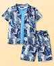 Pine Kids Single Jersey Knit Half Sleeves Shirt & Shorts Co-Ord Set With Inner Tee & Leaf Print - White & Blue