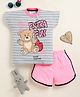 Little Marine Cotton Half Sleeves Striped & Teddy Bear Printed Tee & Shorts Set - Light Grey & Pink