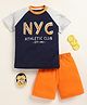 Little Marine Cotton Knit Half Sleeves Nyc Athletic Club Text Printed Tee With Solid Shorts Set - Navy Blue & Orange