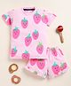 Little Marine Cotton Knit Half Sleeves Strawberries Printed Tee With Coordinating Shorts Set - Pink