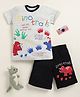 Little Marine Cotton Knit Half Sleeves Dinosaur Printed Tee & Shorts Set - Grey & Black
