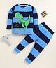 Little Marine Cotton Knit Full Sleeves Striped & Dinosaur Printed Coordinating Night Suit Set - Navy & Light Blue