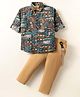 Rikidoos Full Sleeves Floral Printed Shirt With Pant Suspender & Bow Set - Green & Khaki