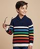 Pine Kids Knitted Full Sleeves Collar Neck Striped Pullover Sweater - Navy Blue