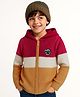 Pine Kids Knit Front Open Hooded Sweater with Color Blocks - Red & Mustard