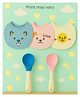KIDS BASIC Premium Silicone 2 SpoonsWith Plastic Handle & 3 Knot Tie Printed Bibs - Pink, Blue & Multicolor (Pack of 2)