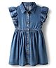 Pine Kids Cotton Woven Frill Sleeves Shirt Style Solid Dress with Collar Neck & Cinched Waist - Mid Blue