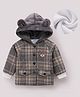Mark & Mia Full Sleeves Checks Hooded Winter Jacket With Teddy Bear Embroidery & Ear Applique - Grey
