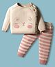 ToffyHouse 100% Knitted Cotton Full Sleeves Kitten Design T-Shirt & Striped Leggings Winter Wear Suit - Light Pink & Beige