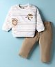 ToffyHouse 100% Knitted Cotton Full Sleeves Striped T-Shirt & Woven Corduroy Pants Set With Animals Embroidery - Tan & White