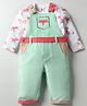 ToffyHouse Cotton Woven Corduroy Embroidered Dungaree with Full Sleeves Animal Fox Printed T-Shirt - White & Light Green