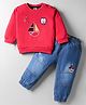 ToffyHouse Cotton Knit Full Sleeves T-Shirt & Denim Jeans Set with Boat & Bear Embroidery - Red