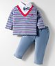 ToffyHouse 100% Cotton Knit Full Sleeves Striped Polo T-Shirt & Woven Corduroy Pants - Blue