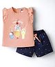 Teddy Sinker Knit Frill Sleeves Top & Shorts Set With Ice Cream Print - Orange & Navy Blue