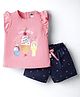 Teddy Sinker Knit Frill Sleeves Top & Shorts Set with Ice Cream Print - Pink