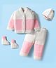 Babyhug Knit Full Sleeves Color Blocked Front Open Sweater Set with Pair of Mittens & Cap - Pink & White