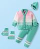 Babyhug Knit Full Sleeves Front Open Sweater Set with Stripes & Cap & Booties - Mint & Pink