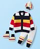 Babyhug Knit Full Sleeves Front Open Sweater Set with Stripes & Cap & Booties - White & Navy Blue