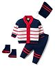 Babyhug Knitted Full Sleeves Striped Sweater Set With Cap & Booties - Navy Blue Red & White