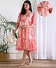Shades of Sabi Chiffon Three Fourth Bell Sleeves Tie Dye Tiered Maternity Dress With Nursing Access - Coral
