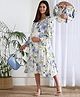 Shades of Sabi Moss Crepe Off Shoulder Three Fourth Bell Sleeves Floral Printed Maternity Dress With Nursing Access - White