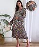 Shades of Sabi Moss Crepe Full Puffed Sleeves Floral Printed Maternity Dress With Nursing Access - Navy Blue