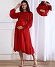 Shades of Sabi Moss Crepe Full Puffed Sleeves Frill Detailed Maternity Dress With Nursing Access - Red
