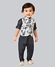 little desi Jute Cotton Full Sleeves Solid Kurta & Pyjama With Geometric Printed Jacket - Navy Blue