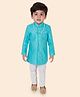 little desi Dupion Silk Full Sleeves Ethnic Foil Motifs Printed Kurta Pyjama With Necklace Set - Firozi Blue