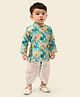little desi Art Silk Full Sleeves Ethnic Motifs Printed Kurta Dhoti Set - Peacock