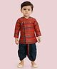 little desi Dupion Silk Full Sleeves Chevron & Ethnic Foil Printed Kurta Dhoti Set - Red