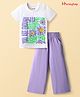 Honeyhap Premium 100% Cotton Half Sleeves Top & Palazzo Set with Bio Wash & Floral Print - Bright White & Violet Tulip