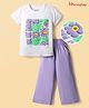 Honeyhap Premium 100% Cotton Knit With Bio Finish Half Sleeves Top & Palazzo Set With Floral Print - Bright White & Violet Tulip