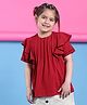 BaawRi Cotton Lycra Knit Half Sleeves Solid Frill Detailed Pleated Top - Red