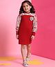 BaawRi Viscose Knit Full Puffed Sleeves Floral Applique Detailed Dress - Red