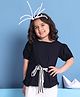 BaawRi Cotton Knit Half Puffed Sleeves Front Knot Detailed Solid Top - Navy Blue
