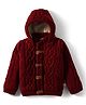 Yellow Apple Knit Full Sleeves Front Open Hooded Sweater with Cable Knit Design - Burgundy