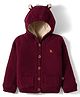 Yellow Apple Knitted Full Sleeves Solid Hooded Front Open Sweater - Wine