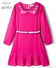 Arias Cotton Woven Full Sleeves Double Gauze Collar Floral Embroidered Dress With Belt - Pink