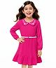 Arias Cotton Woven Full Sleeves Double Gauze Collar Floral Embroidered Dress With Belt - Pink