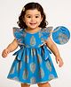 EARTHY TOUCH Single Jersey Knit Frill Sleeves Ethnic Dress with Floral Print - Blue