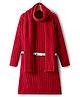 Pine Kids Knitted Full Sleeves Solid Ribbed Woollen Dress With Belt & Scarf - Red
