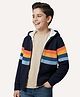 Pine Kids Knit Full Sleeves Front Open Hooded Sweater with Stripes - Navy Blue
