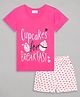 Sheer Love Cotton Jersey Half Sleeves Cupcakes For Breakfast Text & Hearts Printed Night Suit Set - Fuschia & Pink
