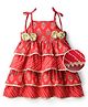 EARTHY TOUCH Cotton Woven Sleeveless Layered Ethnic Dress with Floral Print & Lace Detailing - Red