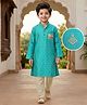 EARTHY TOUCH Cambric Woven Full Sleeves Printed Kurta Pajama Set with Floral Embroidery - Turquoise