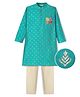 EARTHY TOUCH Cambric Woven Full Sleeves Printed Kurta Pajama Set with Floral Embroidery - Turquoise